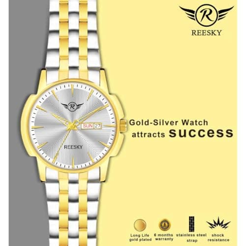 REESKY Men's Analog Watch, Black Dial, Gold/Silver Plated, Day & Date Display (Silver) 2