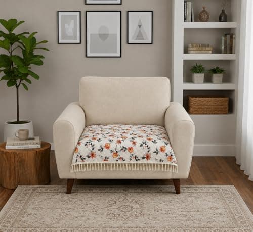 Homefab India Quilted Velvet Sofa Cover with Decorative Tassels for 1 Seater | Instant Sofa Makeover & Protector | Soft & Washable | Sofa Runner for Every Day Use - 23x30 Inch, Floral White