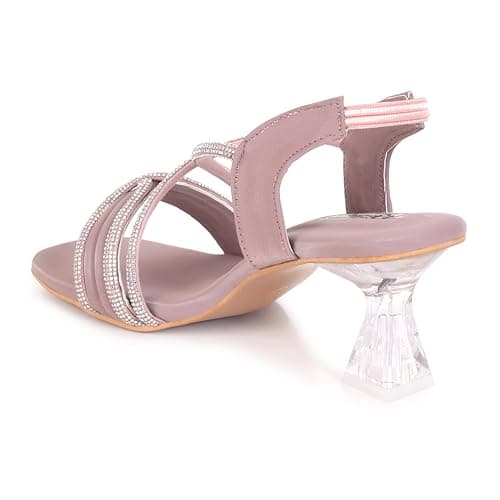 ROZLYN Women's Synthetic Crystal Sandal, Square Toe, Block Heel, Criss-Cross Diamante Straps, Slingback Elastic, Elegant Party and Casual Wear (Pack Of 1) (Pink, UK Footwear Size System, Adult, Women, 3