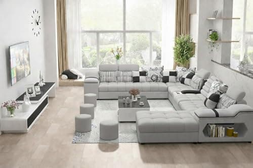 Avion COMFORA U Shape 12 Seater Sofa Set for Living Room (Grey) | Interchangeable U-Shaped Sectional Sofa Set with Cup Holder with 4 Puffy for Living Room & Office 4