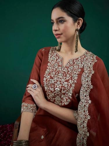 INDO ERA Women's Rayon Viscose Embroidered Straight Kurta & Pant with Dupatta Set (Rust_KH1RT9579_Large) 5