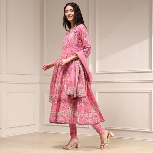 Biba Women Light Pink Cotton Anarkali Printed Kurta Set_32 3