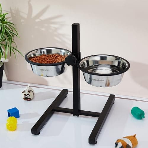 Amazon Basics Adjustable Double Diner for Pet Food and Water | 1500 ml Each | Two Removable Stainless Steel Bowls | Cat and Dog Food Bowl | Adjustable Height | Extra Rubber Support | H-Base 5