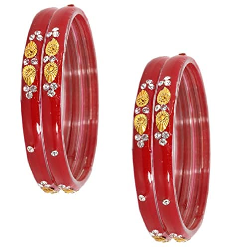 NMII Glass with Zircon Gemstone and Beads Studded Glossy Finished Kada For Women and Girls, Pack of 4, (TRed_2.8 Inches) 4