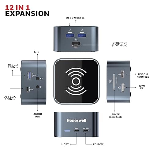 Honeywell New Launch 12-in-1 Type C Dock with 4K HDMI, MagSafe Wireless 15W, 4xUSB Ports PD 100W, Mic, Ethernet & Audio Port, SD & MicroSD Slot, All Type C Devices, Windows/MacBook 2