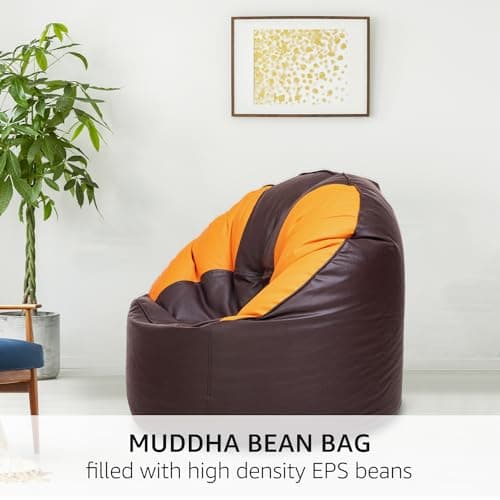Amazon Brand - Solimo Premium Faux Leather Muddha Bean Bag Filled with Beans | High-Density Beans for Comfortable Seating | Capacity : Up to 6 Ft 3 In Height, 120 Kg, 4 XL | Brown & Orange 3