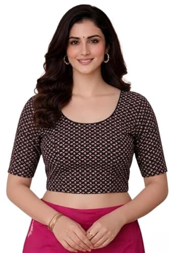 Amazon Brand - Anarva Women's Kalamkari Print Cotton Stretchable Round Neck Readymade Saree Blouse (kalamkari-blouse-Jaal-black-2xl)