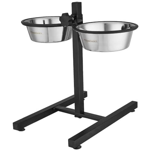 Amazon Basics Adjustable Double Diner for Pet Food and Water | 1500 ml Each | Two Removable Stainless Steel Bowls | Cat and Dog Food Bowl | Adjustable Height | Extra Rubber Support | H-Base