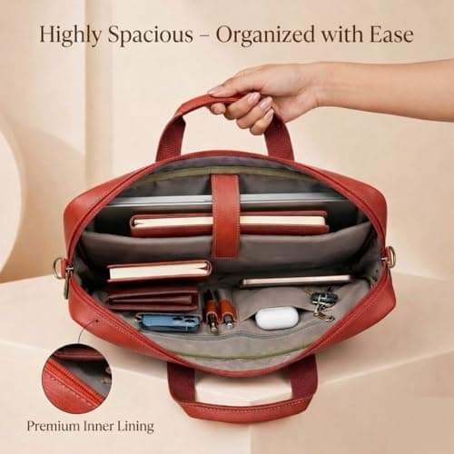 Labourish Genuine Leather Laptop Bag for Men, Vegetable-Tanned, Multiple Zipper Pockets, Adjustable Shoulder Strap, Classic Business Messenger Briefcase (Red) 2