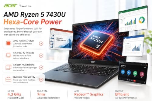 Acer TravelLite Thin & Light Laptop | AMD Ryzen 5 7430U Hexa-Core | 15.6" FHD | 8GB RAM | 512GB SSD | AMD Radeon Graphics | Windows 11 | MS Office | Metal Body | Black | 3 Years Warranty 3