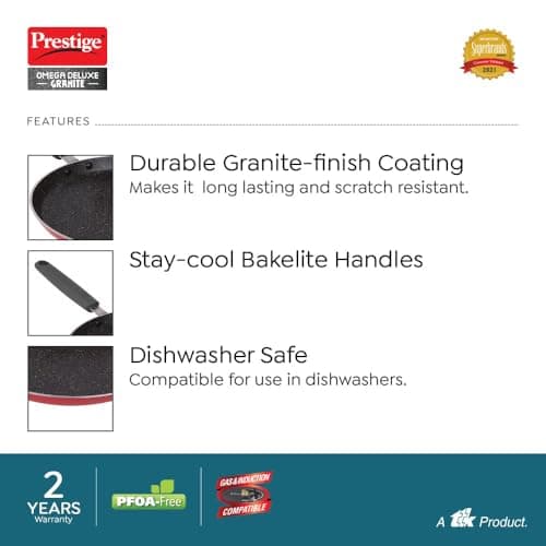 Prestige Omega Granite Non-Stick 3 Pc Cookware Set with Glass Lid | 5-Layer Coating | Gas & Induction Compatible | Omni Tawa 25cm | Fry Pan 24cm | Kadai 24cm | Crimson Red |2Y Warranty |ISI Certified 4