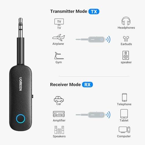 UGREEN Bluetooth 5.0 Transmitter and Receiver 2-in-1 Wireless 3.5mm Adapter, Dual Devices Simultaneously, Aux Audio Car Adapter Compatible with TV, Car, Home Stereo System, Headphones 3