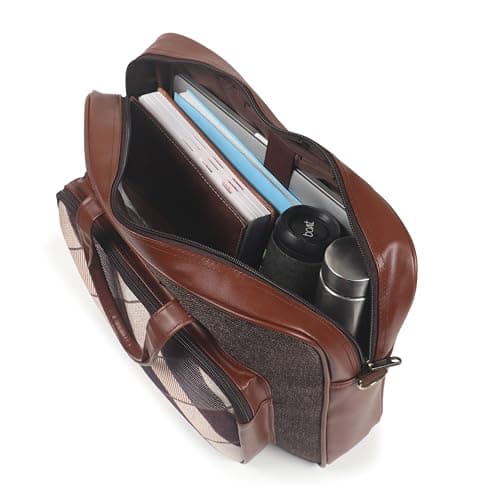 Zestale Checkered Messenger Bag with Faux Leather Trim, Brown, Crossbody Laptop Bag with Adjustable Shoulder Strap 2