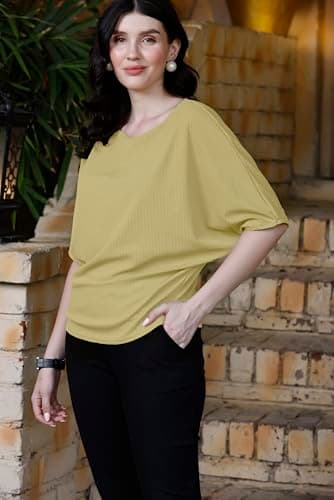 Zilcon Womens Half Ballon Sleeve t-Shirt Tops Boat Neck Loose Fit Casual Workout T-Shirts (in, Alpha, M, Regular, Dark Beige) 4