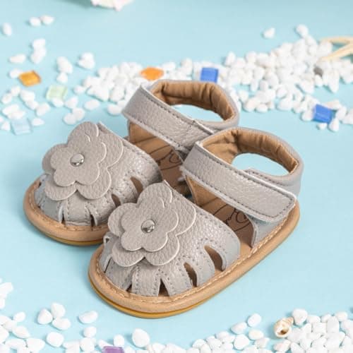 Neska Moda 6 to 12 Months Baby Girls Anti-Slip Floral Design Hook & Loop Sandal (Grey)-BT4674 4
