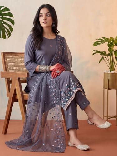 INDO ERA Women's Off White Pure Cotton Floral Printed Straight Fusion Kurta & Pant Set 2