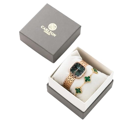 Carlton London Women Green Dial Watch and Bracelet | Stainless Steel, Premium, Stylish Analog Wrist Watch with Golden Strap & Bracelet Set, Elegant Quartz Timepiece | Water Resistant | Luxury Square W 4