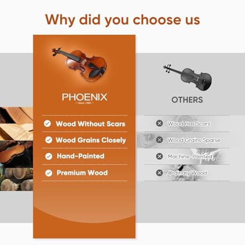 PHOENIX Violin 4/4 Full Size Kit, Violin Fiddle Set for Beginner Adults Student with Rosewood Bow, Extra Strings & Bridge, 2 Rosins, Tuner, Case, Mute, Fingerboard Stickers, Shoulder Rest 5