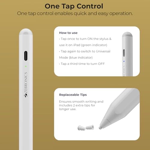Zebronics Universal Stylus Type-C, Magnetic Attachment, LED Indicator, Replaceable Pen Tips, High Precision, Ultra-Lightweight, iPadOS, iOS, Android Compatible (Stylus Pro Max) 5