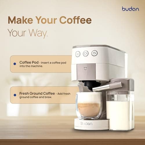 Budan One Touch Coffee Machine | 2 in 1 Coffee Machine - Capsule(POD) + Fresh Ground Coffee | Perfect 15 Bar Pressure Espresso Machine for Espresso & Cappuccino etc with Integrated Milk Container 4