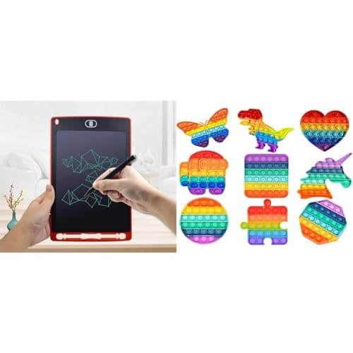 VGRASSP LCD Writing Pad Tablet Toy Cum Slate with Stylus for Kids 8.5 inches (Multicolor, Colour As Per Stock) & VGRASSP Pop It Fidget Sensory Toys, Pack of 1 - Color as Per Stock (Random Design)
