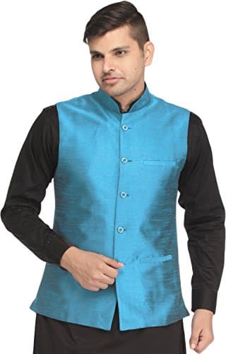 Exotic India Men's Art Silk Waist Coat (SPE97_Swedish Blue_42)