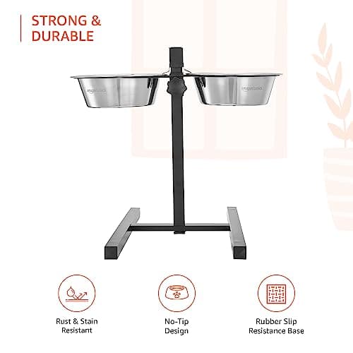 Amazon Basics Adjustable Double Diner for Food and Water for Dog & Cat | 1500 Ml x 2| with H-Base and Two Removable Stainless Steel Bowls | LxWxH - 44.9 Cm X 26.5 Cm X 42.5 Cm, Medium, Small 3