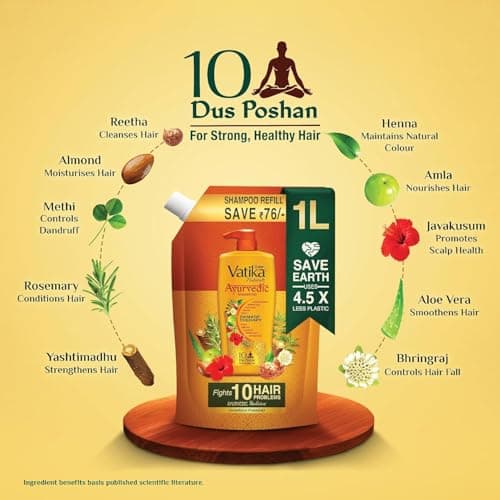 Dabur Vatika Ayurvedic Shampoo Refill Pouch - 1 L | Damage Therapy | Power of 10 Ingredients for Solving 10 Hair Problems | No Parabens | For All Hair Types 4