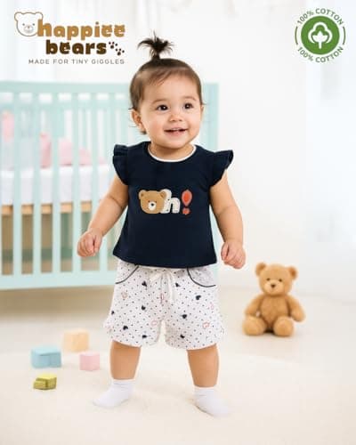 Happiee Bears Baby Girl Cotton Top & Shorts Set – Summer Outfit for 18–24 Months | Infant & Toddler Girl Dress Combo | Soft Pure Cotton Clothes | Made in India (SG144) Navy Blue 3