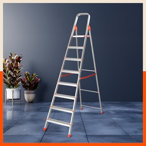 Bathla Advance 8-Step Aluminium Ladder | 150 Kg Load Capacity | Anti-Slip Steps | Sure-Hinge Technology | Home Use Step Ladder | 5 Year Warranty