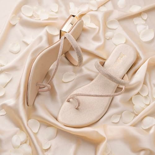 Indifeet - sandals for women,ladies latest stylish heels footwear, women's party medium heel sandal, woman fancy ethnic chappal, chappals with toe ring, gold 4