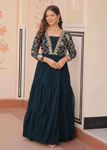 LAZZLY Women’s Elegant Anarkali Kurta | Embroidered Traditional | Ethnic Flared Dress for Casual Wear (in, Alpha, L, Regular, MC_Rama) 4