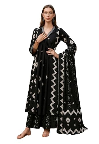 Yashika Women's Cotton Blend Printed Kurta with Pant & Dupatta| Kurta with Pants and Dupatta Set_AZ-YS-KS2174 BLACK_CG1-M