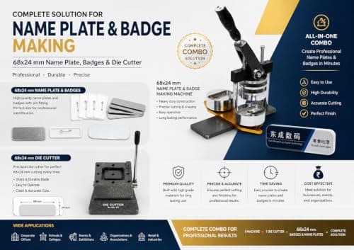 68x24mm Name Plate Making Machine || Metal Body Machine with Paper Cutter 72x28 Size || Includes Machine, User Manual, Allen Key Tool || Include 100 pcs Plastic pin Badges 68x24mm Size 3