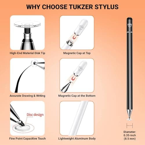 Tukzer Universal Stylus Pen for Smartphone/Tablet/iPad/Pro/Air/iPhone/iOS/Android/All Touch Screens Devices| Fine Point Disc Tip, Lightweight Aluminum Body Magnetic Cap Drawing Writing (Black) 4