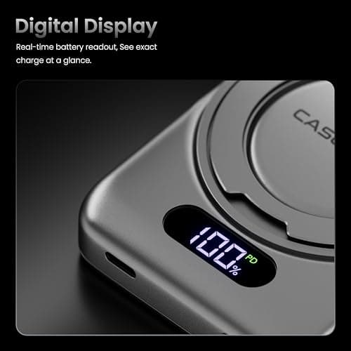 CASEGEAR ACE 10000mAh Aluminium Wireless Power Bank Compatible with Magsafe, Strong N54 Magnet, 20W Fast Charging, Compatible with iPhone 12 & Above, Samsung, etc. 360° Rotating Stand, Digital Display 4