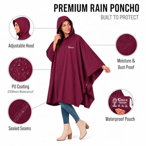 Colca Rain Poncho for Women | Waterproof | Heavy Duty | Reusable | for Camping | Trekking | Hiking | Army | Urban Use | Maroon 3
