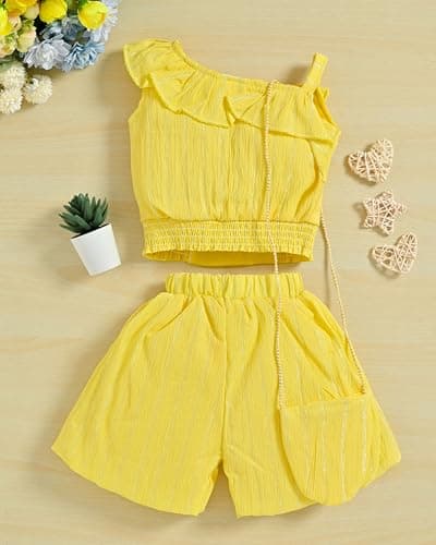 STYLO DRESSES Cotton Blend Solid Trandy Girls' Ruffle Top & Shorts Set (Lemon Yellow, 1-2 Years) 3