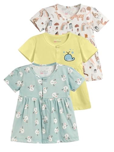HELLCAT 100% Cotton Baby Frock Dress for Girls - Pack of 3, Soft & Trendy, Short Sleeve (0-18M)_Green/Yellow/Brown_12-18 Months