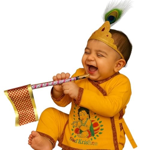 Krishna Dress Costume for Janmashtami – Yellow Ethnic Outfit with Crown, Flute & Dhoti Set for Boys & Girls (7-8 Years)