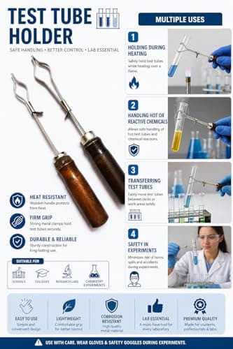 Laboratory Test Tube Holder with Wooden Handle, Galvanized Iron Metal, Adjustable Grip, 18cm Length, Pack of 2, for Scholl, College and Research Laboratories 4