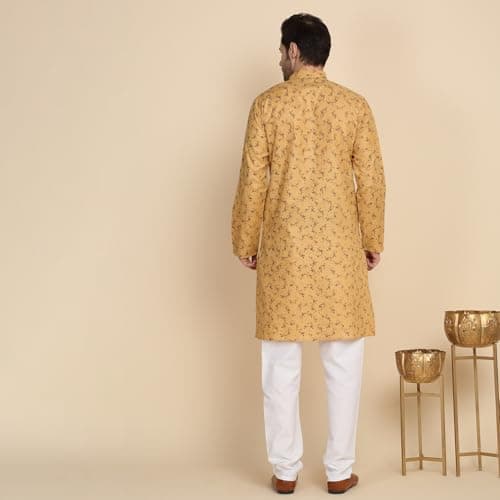 KRAFT INDIA Men's Cotton Printed Stylish Ethnic Wear Kurta Pyjama Set (Color-Fawn, Size-44) 4