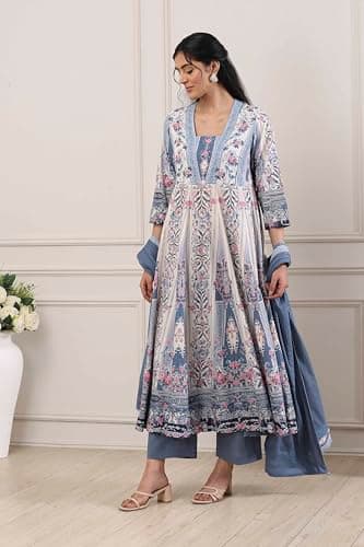 Biba Women Blue Cotton Anarkali Suit Set_34 3