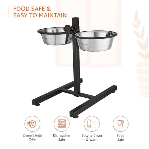 Amazon Basics Adjustable Double Diner for Pet Food and Water | 1500 ml Each | Two Removable Stainless Steel Bowls | Cat and Dog Food Bowl | Adjustable Height | Extra Rubber Support | H-Base 4