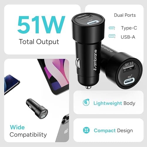 Ambrane 51W Fast Charging Car Charger, Dual Output 33W Type C PD + 18W USB Car Adapter, Quick Charge Car Plug for iPhone, Android, Tablets & More, High-Speed Compact Car Power Charger (Black, C51) 2