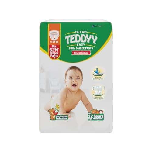 TEDDYY Easy Baby L Size Diaper Pant Style | 62 Count (Large) | 9–14 kg (Pack of 1) | Long Protection Hours | Anti-Bacterial | Airy Breathable Fit | Rapid Soaker Channels & Wetness Indicator