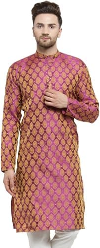 ALMORA Men's Jacquard Silk Kurta for Men Pink