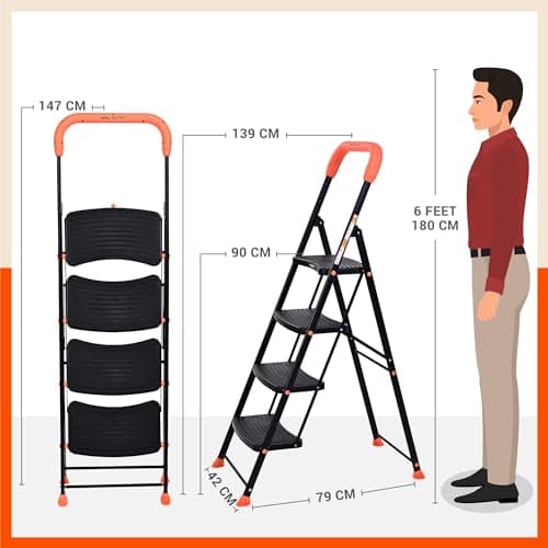 Bathla 4 Step Ascend Steel Ladder for Home Use | Large Platform (36 x 20.5 cm) | Wide Anti-Skid Steps | Safety Hand Grip | Heavy Duty Foldable | 120 kg Capacity | 2-Year Warranty | Orange & Black 4
