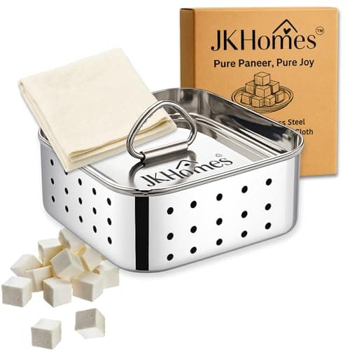 JKHomes Paneer Maker Steel | Stainless Steel Paneer Maker Mould Press with Muslin Cloth | Paneer Press for Homemade Paneer & Tofu | Rust Resistant, Easy to Clean (400ml)