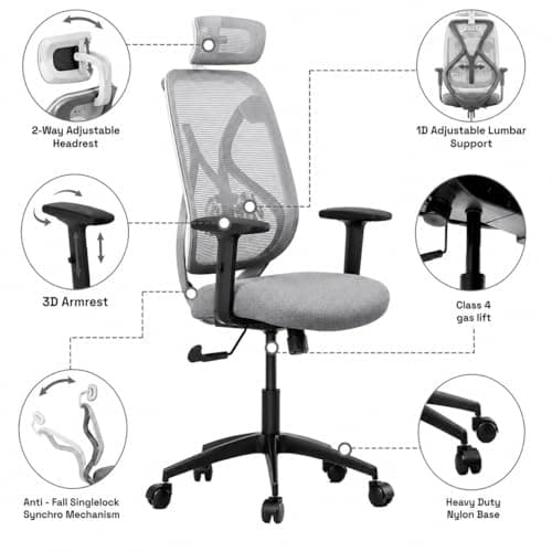 Wakefit Gravita Ergonomic Office Chair for Work | 3 Year Warranty | Single Lock and Recline | Soft Armrest with 3 Dimension adjustability| Strong Nylon Base | 8+ Hours of Comfort| White and Grey 5
